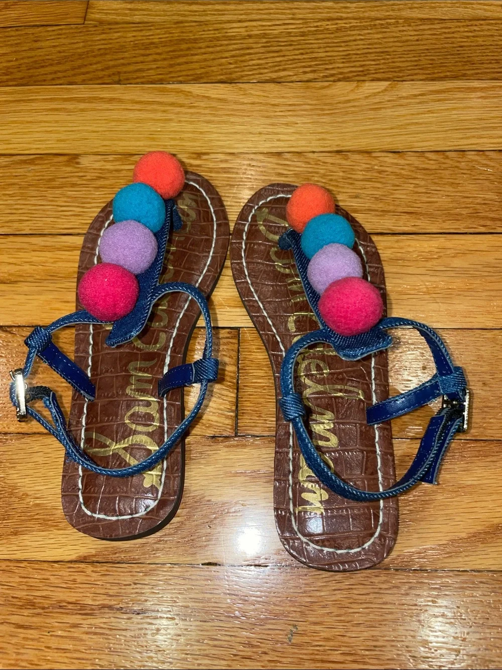 Sam Edelman Little Girls Pom-Pom Denim Sandals - Pink, Purple, Blue, Orange